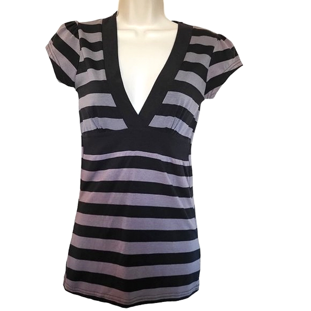 STREETWEAR SOCIETY Women's Grey & Black Striped V-Neck Short Sleeve Top Small